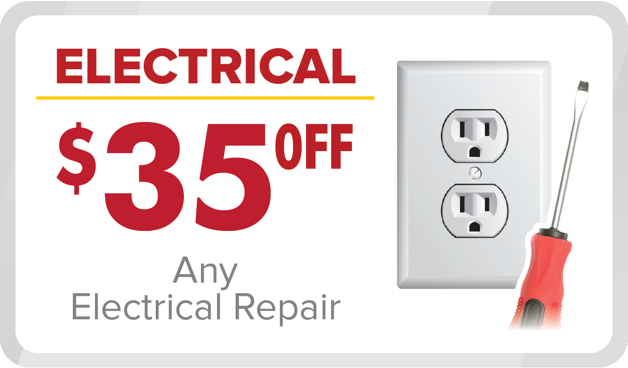 Enjoy $35 off any electrical repair with our February 2025 promotions—featuring an electrical outlet and red-handled screwdriver in the offer.