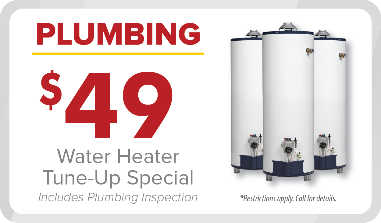 Take advantage of our February 2025 Promotions: Get a $49 water heater tune-up special, including a plumbing inspection. Three water heaters are displayed on the right.
