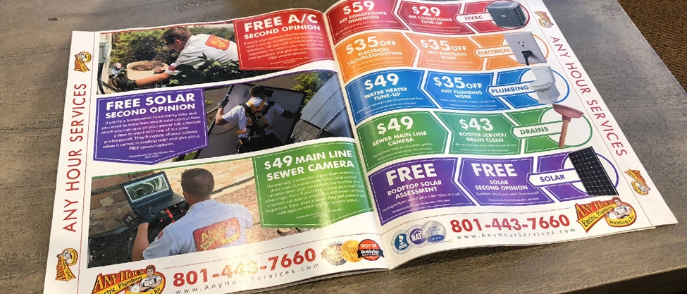 A magazine ad for Any Hour Services shows technicians at work and displays colorful coupons for January 2025 Promotions on AC, heating, plumbing, drains, electrical, and solar services.