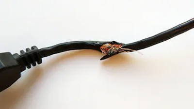 A black electrical cord with exposed, frayed wires due to damage in the insulation—a clear reminder to follow electrical safety tips at home.