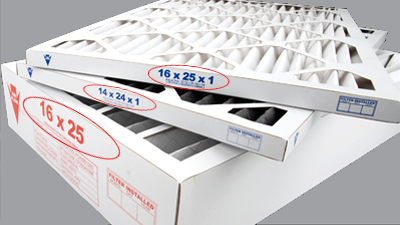 Three rectangular HVAC filters in white cardboard packaging, labeled with dimensions 16 x 25 x 1 and 14 x 24 x 1, stacked on top of each other—ideal for regular furnace maintenance.