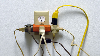 Several electrical cords, including an extension cord for Christmas lights, are overloaded into a single wall outlet against a light-colored wall.