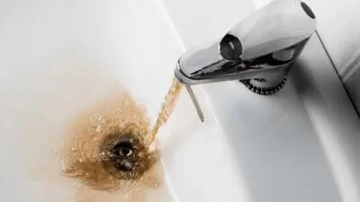 %Imagetitle% | Any Hour Services A bathroom sink faucet running brown, dirty water that is pooling around the drain—one of the signs of water heater failure.