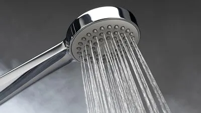 %Imagetitle% | Any Hour Services Close-up of a chrome shower head with water spraying out against a dark gray background—low pressure like this can be one of the signs of water heater failure.