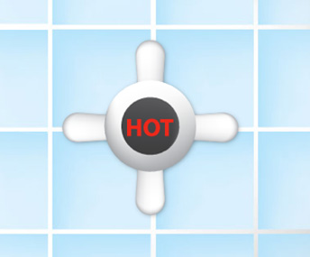 %Imagetitle% | Any Hour Services A silver shower or sink knob labeled "HOT" in red letters is mounted on a blue tiled wall, often found near a water heater such as a tankless water heater.