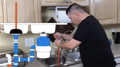 %Title% | Any Hour Services A person gets plumbing help using a snake on a double kitchen sink, with an illustrated diagram overlay showing the home plumbing pipes and garbage disposal beneath the sink.