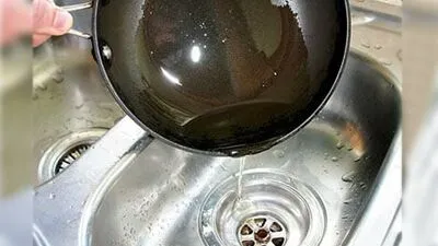 %Title% | Any Hour Services A person pours used cooking oil from a pan into a kitchen sink, unaware that professional plumbers advise against this to prevent clogged drains and plumbing issues. Water and residue are visible in the stainless steel basin.