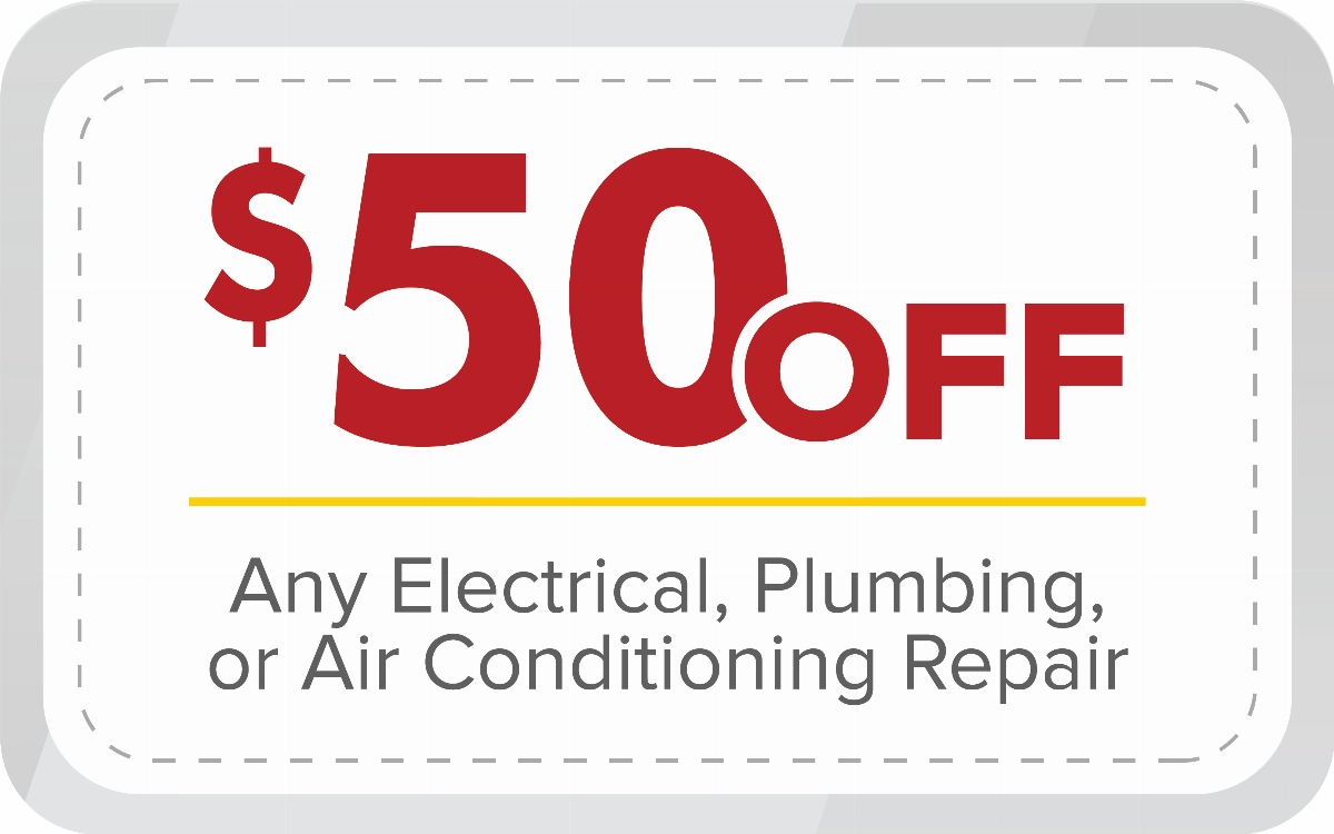 %Focuskw% | Any Hour Services A July 2024 promotions coupon offering $50 off any electrical, plumbing, or air conditioning repair, with text in red and black on a white background.