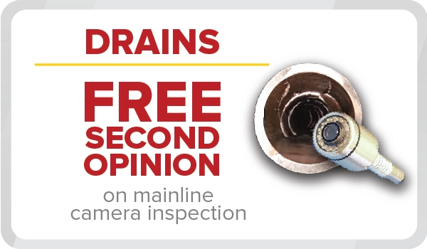 %Imagetitle% | Any Hour Services Ad for drains shows a pipe camera inside a pipe, offering a free second opinion on mainline camera inspection as part of our April 2024 promotions.