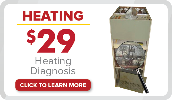 %Imagetitle% | Any Hour Services Ad for a $29 heating diagnosis highlights a furnace with a magnifying glass on internal components; features December 2024 promotions and a "Click to Learn More" button.