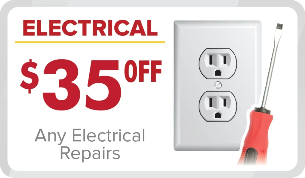 %Focuskw% | Any Hour Services March 2024 Promotions: Promotional graphic offering $35 off any electrical repairs, featuring an outlet, screwdriver, and bold red text.