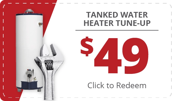 Promo image featuring a tanked water heater, a wrench, and text advertising a $49 water heater tune-up. See why regular service keeps your tank working better—plus, click to redeem or ask about tankless water heater comparison!.