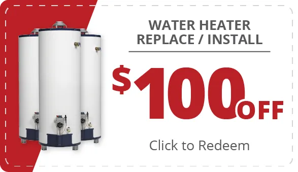 Coupon for $100 off water heater replacement or installation, featuring images of better water heaters and tankless water heater options, plus a “Click to Redeem” prompt.