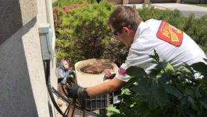 A technician wearing a white shirt and gloves is performing professional AC maintenance on an outdoor air conditioning unit with gauges attached.