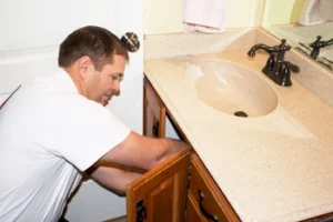 A man in a white shirt is fixing or inspecting plumbing under a bathroom sink with the cabinet door open.
