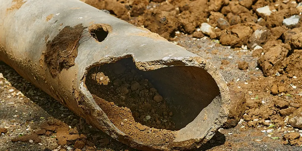 %Focuskw% | Any Hour Services A large, damaged sewer pipe lies on the ground with a gaping hole and soil spilling from its interior—clear sewer signs of serious underground issues.