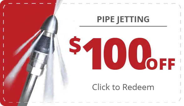 Coupon offering $100 off pipe jetting service, ideal for maintaining your septic system. Image shows a jetting nozzle spraying water. Text reads "PIPE JETTING $100 OFF Click to Redeem.