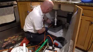 %Title% | Any Hour Services A plumber kneels on the floor repairing pipes under a kitchen sink, using tools and equipment, with cabinet doors open.