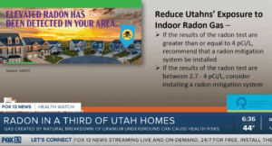 A news graphic explains that elevated radon has been detected in Utah, answering common radon questions and showing health guidelines for mitigating indoor radon gas exposure based on test results.