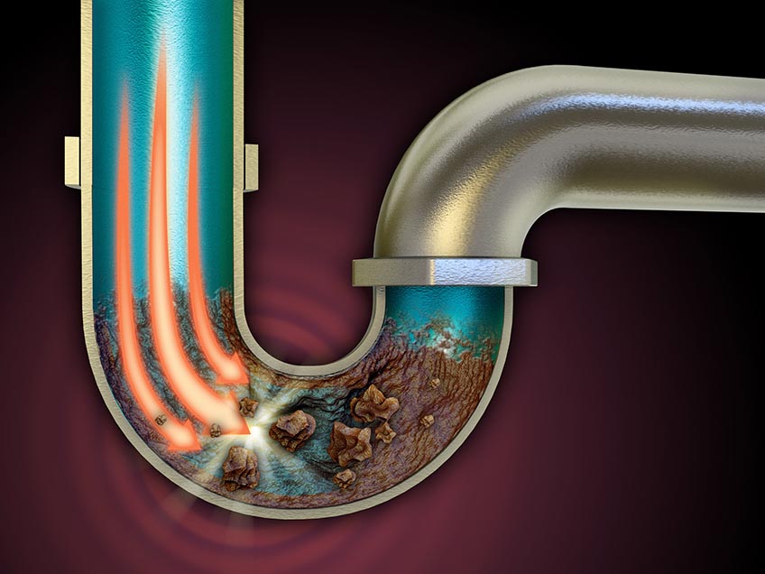 %Focuskw% | Any Hour Services Cross-section of a sewer pipe shows water and debris buildup in the curve, with red lines indicating heat or energy breaking up the clog—a clear sign that you may need sewer help.