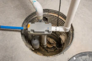 A sump pump installed in a basement pit with connected PVC pipes and wiring, surrounded by a concrete floor—ideal for home preparation against spring flooding and Spring run-off.