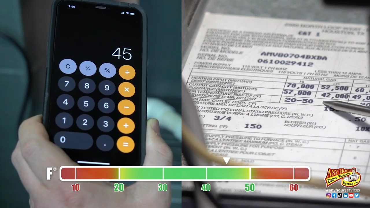 A hand holds a smartphone displaying the number 45 on a calculator app next to a close-up of a technical data label and a temperature scale, highlighting concerns about plumbing damage from harsh chemicals.