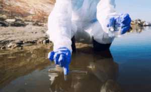 %Title% | Any Hour Services Person in protective gear and blue gloves collects water samples from a muddy riverbank using a test tube and plastic container to analyze types of water contamination and assess levels of water pollution.