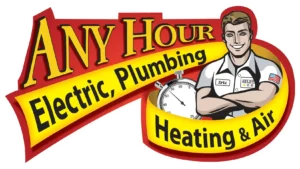 Logo with text "Any Hour Electric, Plumbing, Heating & Air" featuring a smiling man in a uniform, a stopwatch, and a red and yellow banner.
