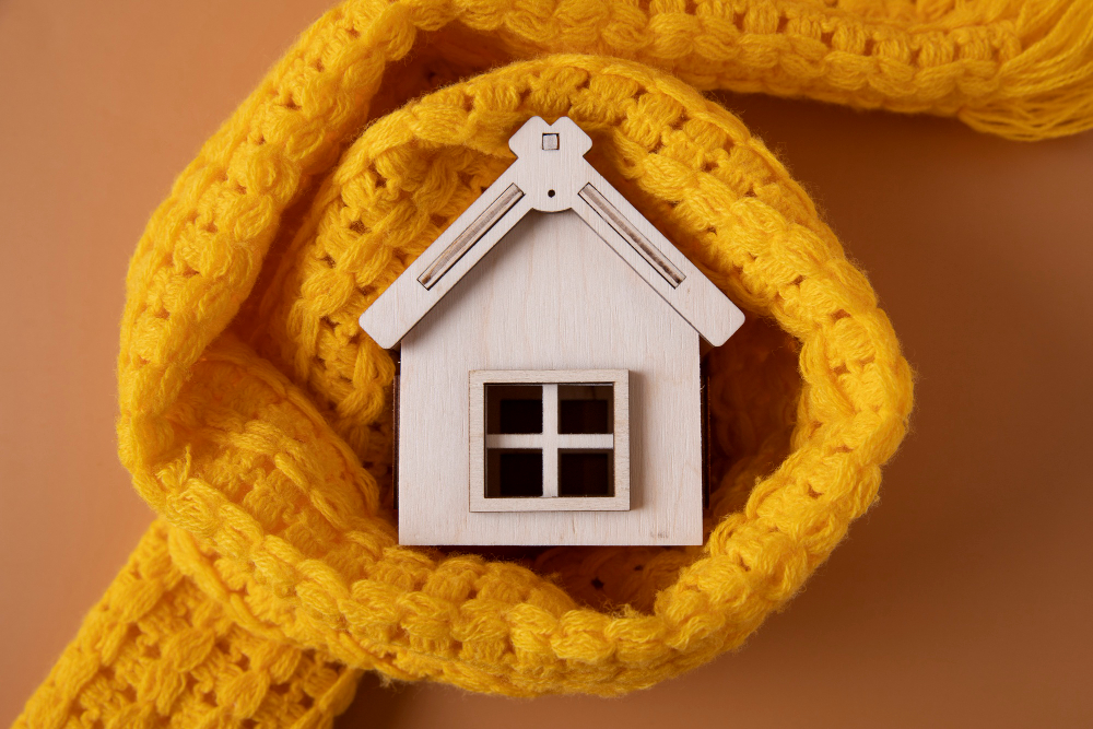 A small wooden house model wrapped in a yellow knitted scarf, set against a light brown background, perfectly represents the warmth of preparing for cooler weather with an essential fall HVAC checklist.