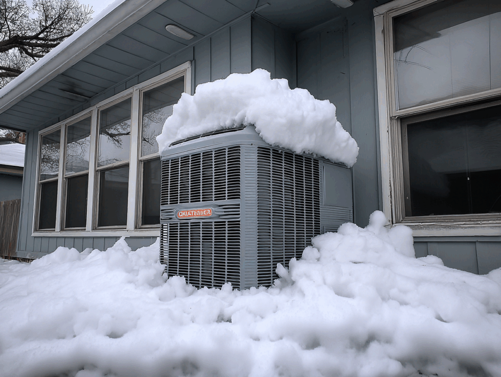 An outdoor air conditioning unit with frozen coils sits partially covered in snow next to a house with blue siding and multiple windows.