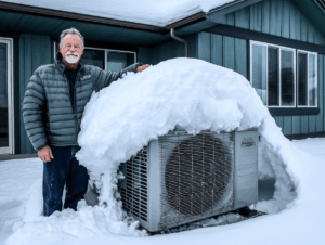 An older man stands outdoors beside a heat pump with frozen coils, the unit covered in snow outside a blue house on a winter day.