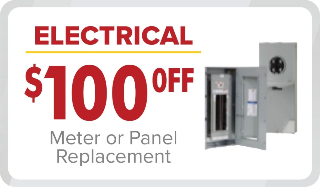 Any Hour Services team offers $100 off electrical meter or panel upgrades—see panels, bold red text, and savings for customers.
