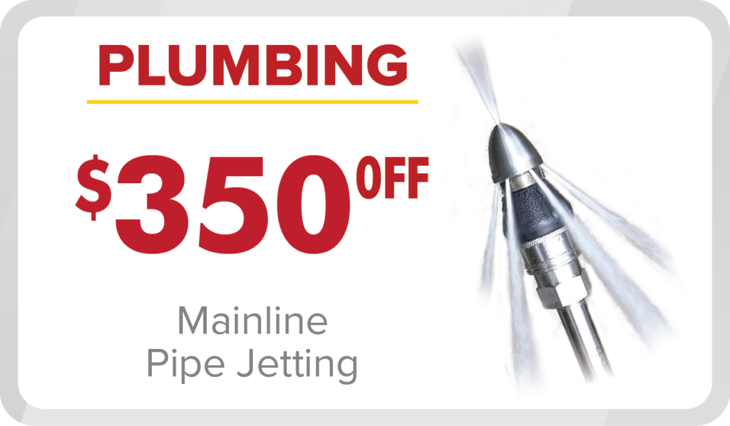 Any Hour Services team demonstrates pipe jetting; close-up of nozzle in action highlights $350 Monthly Deal savings.