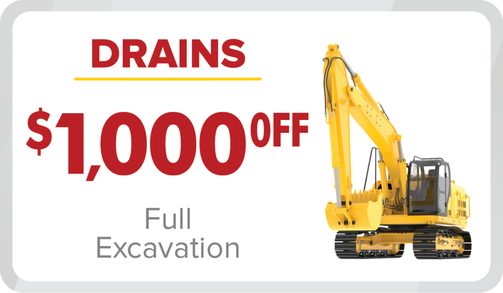 Any Hour Services excavator promotes "$1,000 OFF Full Excavation." Red and gray accents showcase special monthly deals and savings.