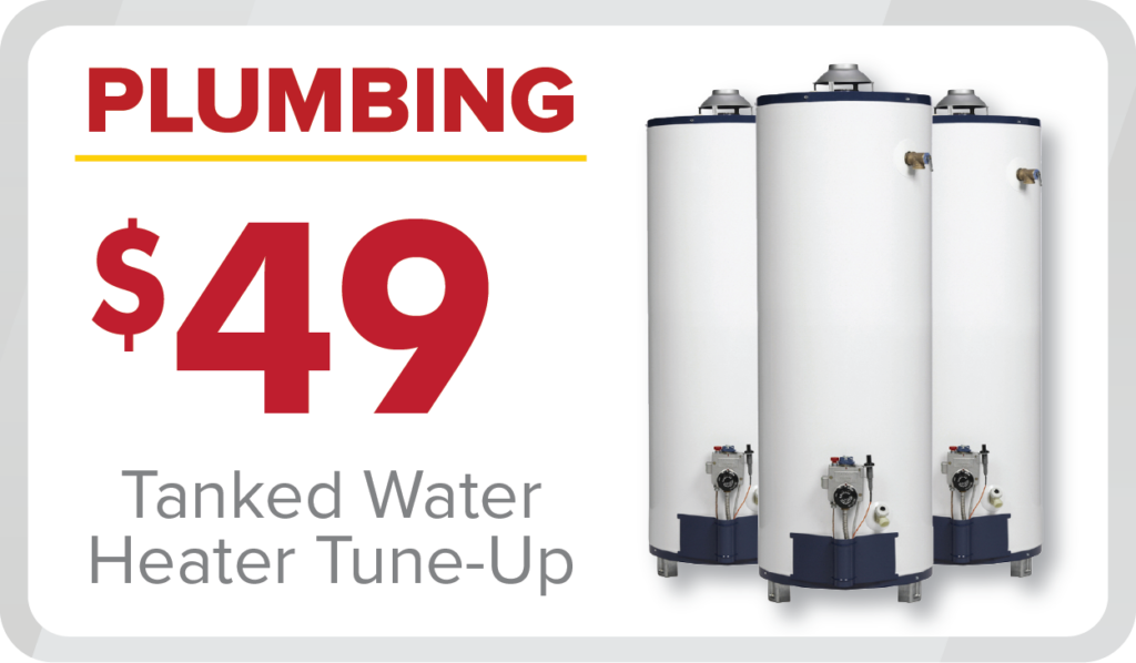 Any Hour Services offers a $49 tanked water heater tune-up. Image shows three upright units, helping your system run efficiently.