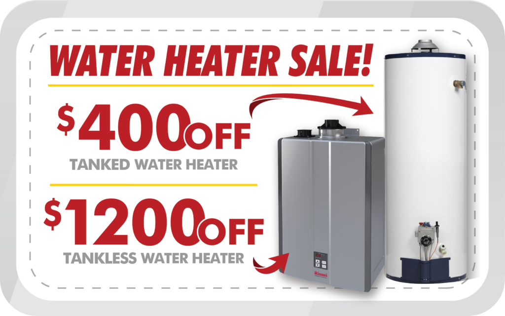 Any Hour Services’ team offers $400 off tanked and $1200 off tankless water heaters, as shown on a sale sign with product images.