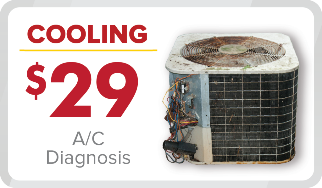 Any Hour Services technician inspecting an old, rusted AC unit with exposed wiring. Get a $29 A/C diagnosis and big savings!.