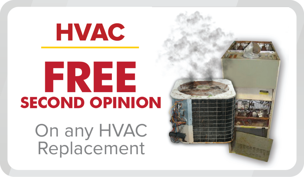 A smoking, damaged HVAC unit highlights Any Hour Services’ offer: FREE second opinion on replacements. Learn about special savings!.