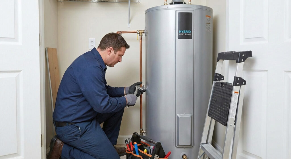%Focuskw% | Any Hour Services- Electric, Plumbing, Drains, Heating &Amp; Air A technician in work clothes kneels and inspects a hybrid heat pump water heater during a Hybrid Water Heater Installation, with tools and a ladder nearby in a utility room, ensuring reliable hot water for the home.