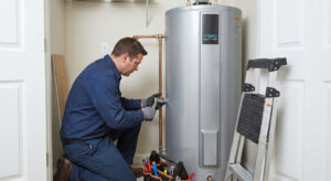 A technician in work clothes kneels and inspects a hybrid heat pump water heater during a Hybrid Water Heater Installation, with tools and a ladder nearby in a utility room, ensuring reliable hot water for the home.