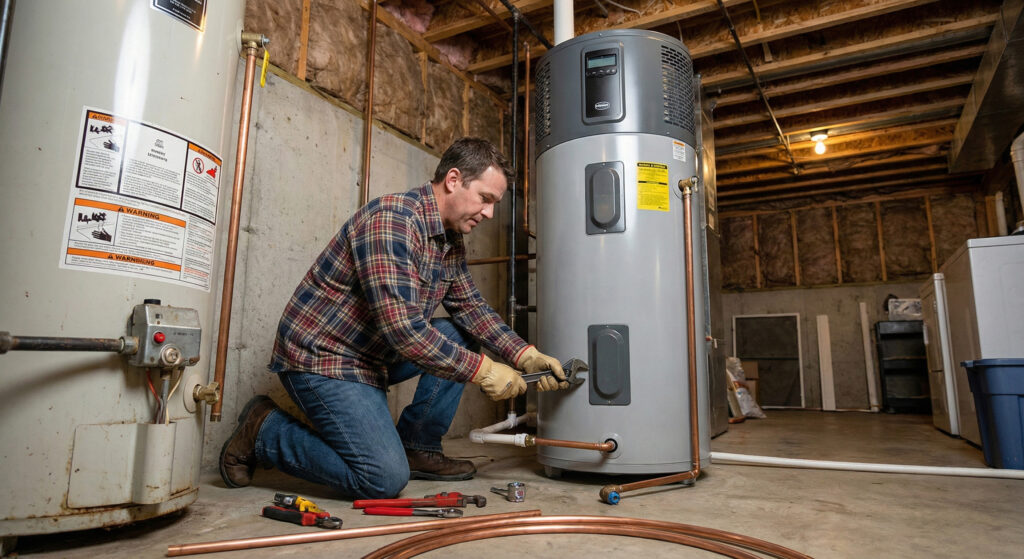 A person kneels on the floor in a basement, using tools to work on a hot water heater next to exposed pipes and unfinished walls, possibly following an installation guide.