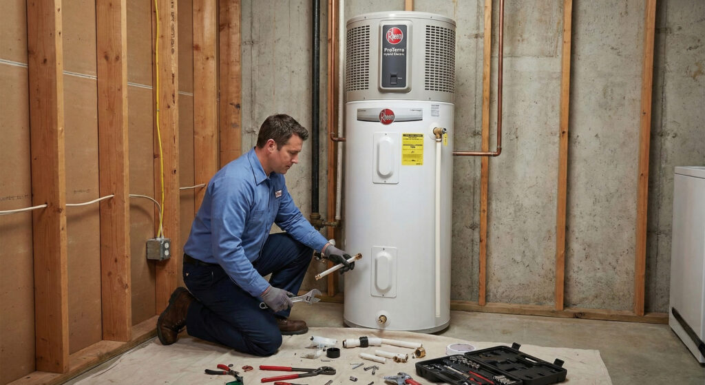A technician kneels on the floor in a basement, performing a smart water heater installation, with tools and parts spread out beside him.