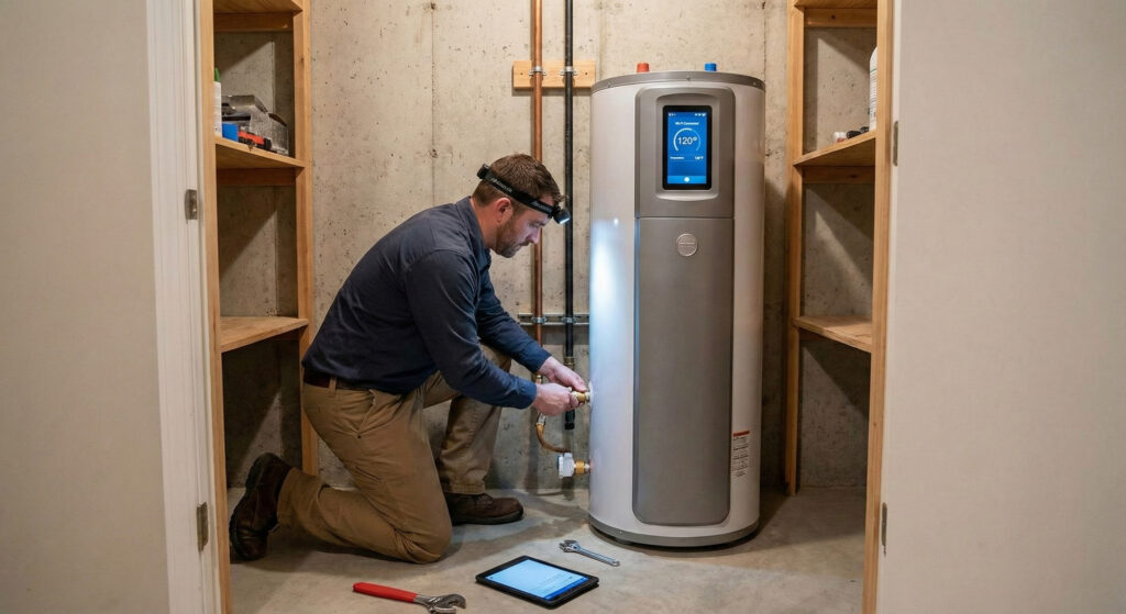 A person wearing a headlamp kneels to adjust pipes on a smart water heater in a utility room, highlighting the benefits of a Water Heater Upgrade, with tools and a tablet on the floor nearby.
