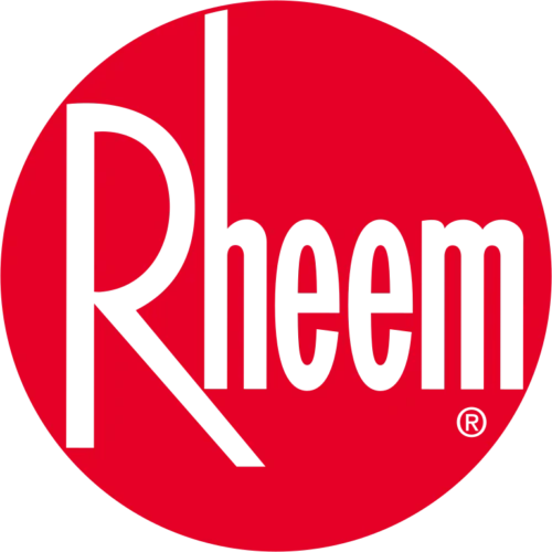 The Rheem logo displays "Rheem" in white, stylized text within a bold red circle, representing quality for Any Hour Services.