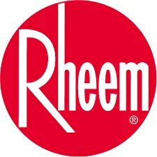 The Rheem logo displays "Rheem" in stylish white text on a bold red circle, representing quality brands Any Hour Services trusts.