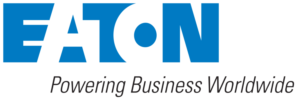The Eaton logo appears in blue above the tagline "Powering Business Worldwide" in black italics, all set on a white background.