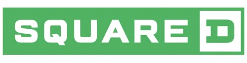 The Square D logo features the brand name in bold white letters on green, with a stylized "D" in a square box at the end.