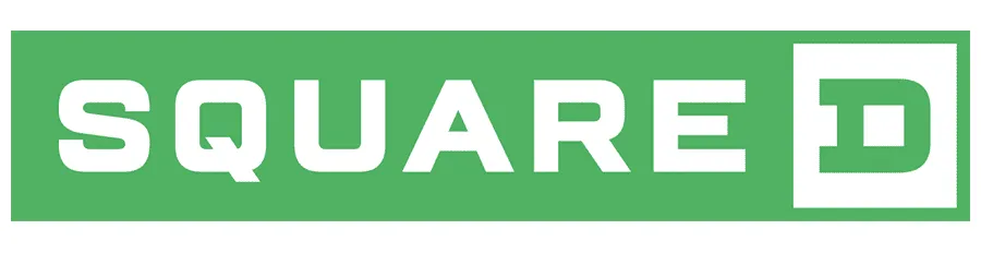 The Square D logo features the brand name in bold white letters on green, with a stylized "D" in a square box at the end.
