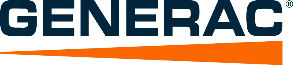 The GENERAC logo features bold navy letters with an orange triangle pointing to the right just below the text, symbolizing the dependable strength Any Hour Services brings to your home’s generator solutions.